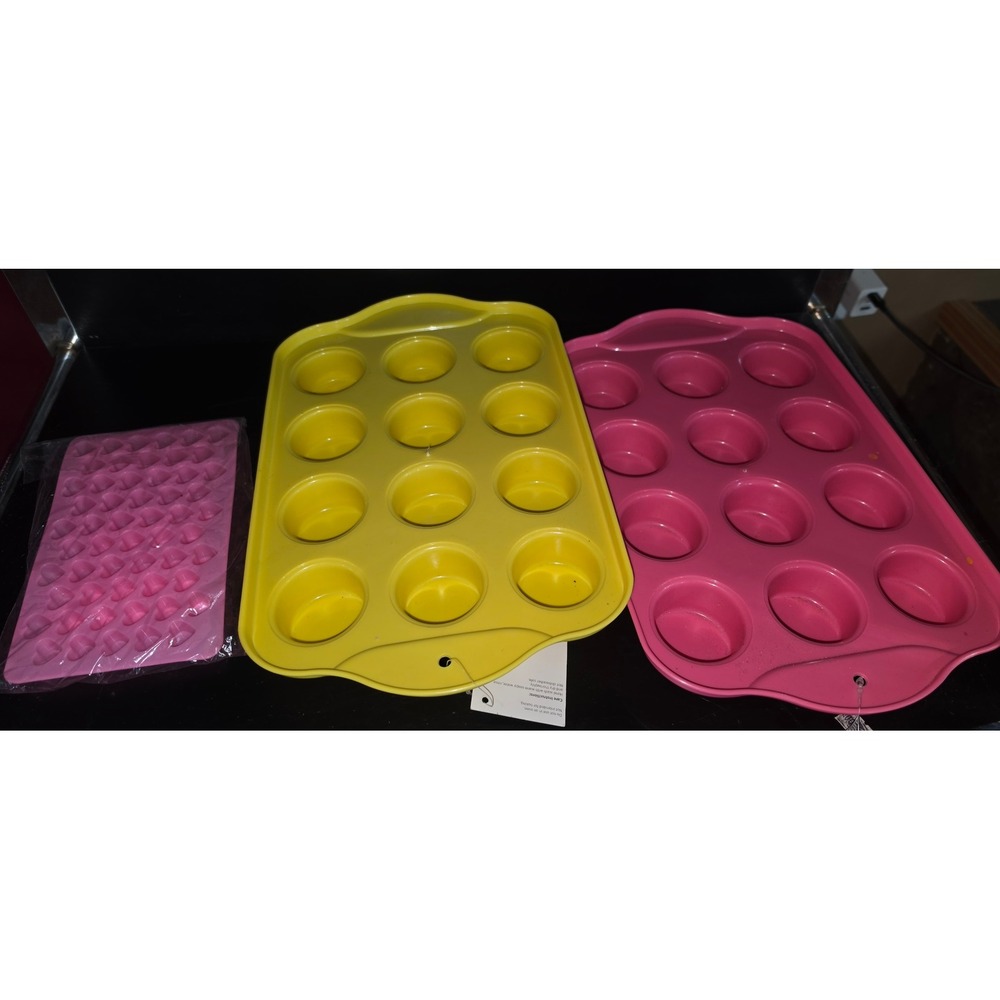Silicone Craft Molds Set 3pc Pink Yellow 12 Cavity Trays and Heart Mold DIY Soap